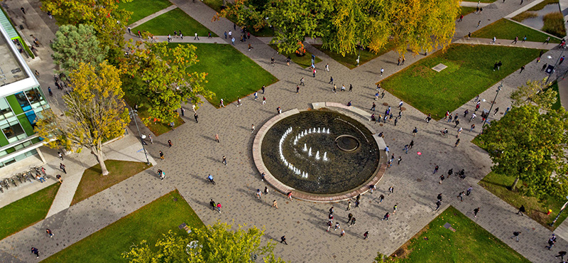An aerial photo of Martha Piper fountain