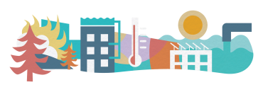 Illustration of trees, water, a sun, solar panels
