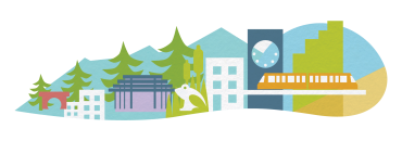 Illustration of the UBC clock tower, tall trees, new buildings, and rapid transit.