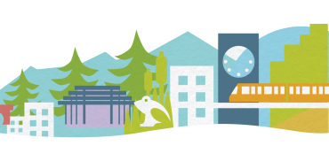 Illustration of the UBC clock tower, tall trees, new buildings, and rapid transit.